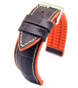 Uhrenarmband 22mm Uhrband Kautschuk + Leder Kroko Prägung braun orange TOP / 26 - Bild 1 von 8