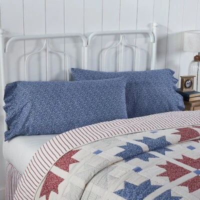 Celebration Ruffled King PILLOW CASE SET OF 2 21X36+4 Ruffle Red Blue Creme VHC - Image 1 of 4