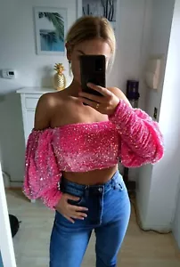 New BooHoo Women’s Puff Sleeve/ Off the Shoulder Top - Size 6 XS Velvet New UK - Picture 1 of 4