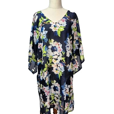 Ruby Yaya Dress Womens Size S Blue Floral Knee Length 1/2 Sleeve Sheer Embellish - image 1 of 4