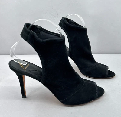 B Brian Atwood 高跟鞋黑色麂皮绒露趾高跟鞋踝带吊带女式 9 — 第 1/4 张图片