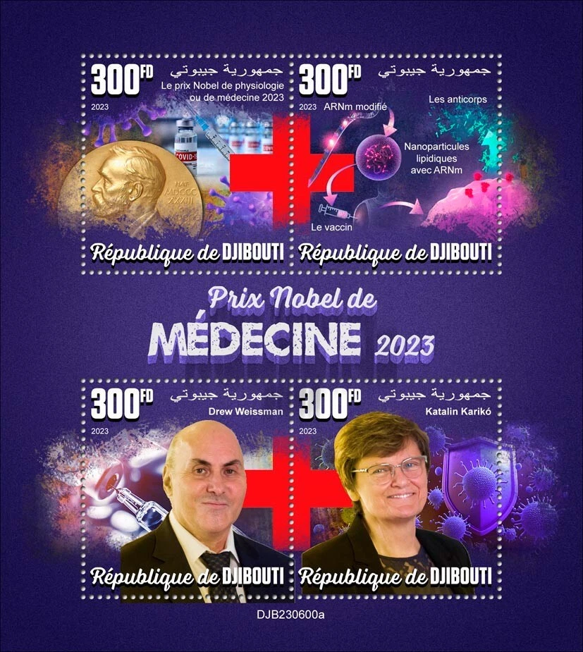 Premio Nobel Medicina Vacuna Corona Cruz Roja 2023 MNH Estampillas 2023 Djibouti M/S Foto 1 de 1