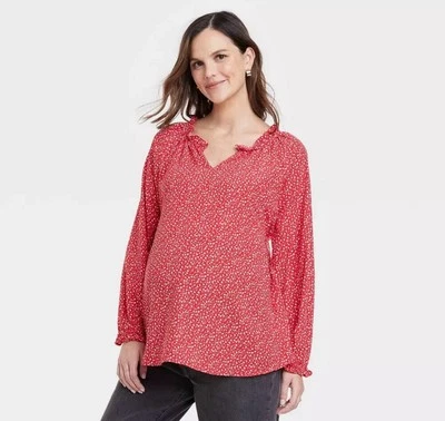 Isabel Ruffle Maternity Top Red Floral Size XXL Long Sleeve Shirt - Image 1 of 4