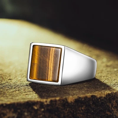 Anillo de plata de ley 925 con piedra cuadrada de ojo de tigre marrón para hombre Foto 1 de 4