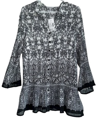 NWT Y2K Fashion Bug Accordion Pleat Button Up Blouse Plus 3X Black White Fairy - Image 1 of 4