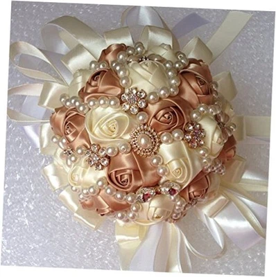  Handcraft Popular Satin Rose Rhinestone Brooch Flower Pearl Champagne+ivory - Image 1 of 4