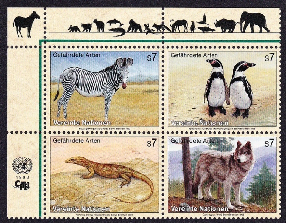 Pájaros Cebra Pingüinos Lagarto Lobo 4v Bloque de 4v ONU Viena 1993 MNH Foto 1 de 1