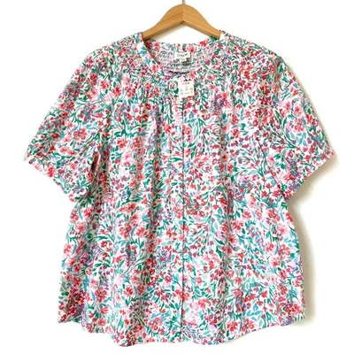 NUEVO CON ETIQUETAS J.Crew Mujer XL Mezcla de Lino Manga Corta Cuello Calzoncillo Floral Abotonado Top Foto 1 de 4
