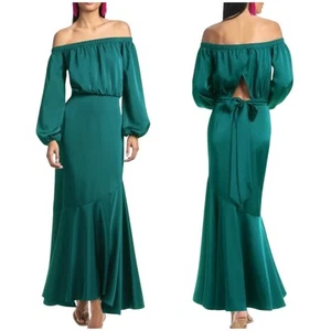 Sachin & Babi NWT Kai Off the Shoulder Long Sleeve Satin Maxi Dress Size 4 Green - Picture 1 of 12