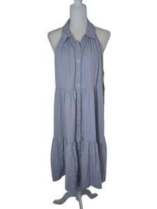 Nicole Miller Dress XL Blue Linen Blend Halter Button Front Tiered Midi - Picture 1 of 8