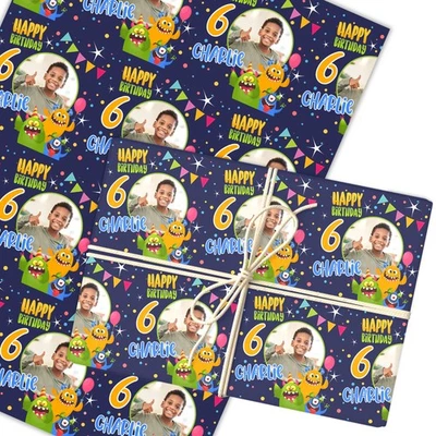 Personalised Wrapping Paper Kids Birthday Navy Monsters Photo Custom Gift-Wrap - Image 1 of 4