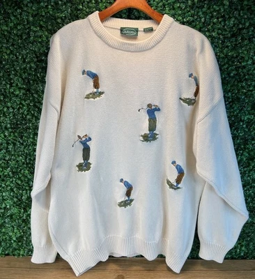 Suéter de golf IZOD vintage para hombre cuello redondo suéter talla L blanco roto bordado Foto 1 de 4