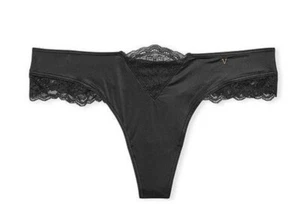 Victorias Secret Black Micro Lace Inset Thong Size L Silky Body Logo V Charm NWT - Picture 1 of 6