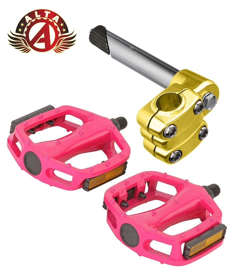 ALTA Original Bicicleta 4 Pernos 21.1mm BMX Vástago Oro y Pedales de Aleación 1/2" en Rosa Foto 1 de 1