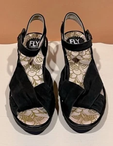 Fly London Size 38 US 8 Cross Strap Open Toe Black Wedge Sandals - Picture 1 of 9