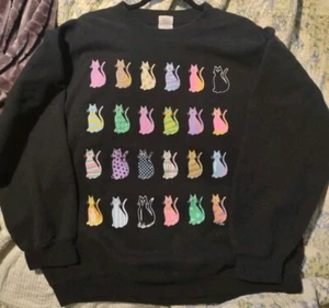 VTG Crazy Fun Psychedelic Cats 90s Y2K Black Crewneck Sweatshirt Sz XL Gildan - Picture 1 of 12