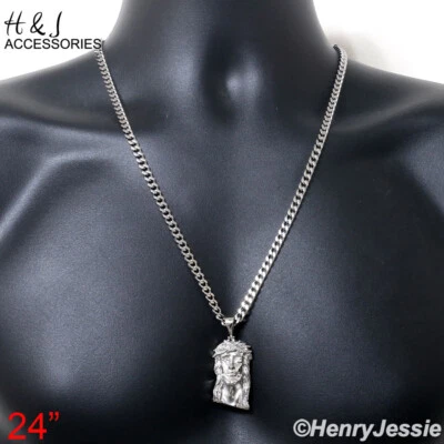 18 «-40» мужчин из нержавеющей стали 5 мм Серебряный кубинский обочины цепочка ICY CZ Иисус подвеска * P133 - Изображение 1 из 4