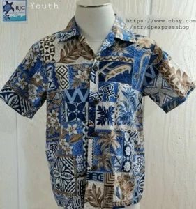 RJC Made In Hawaii Blue Native Hawaiian Cotton Camp S/S Shirt Kids Youth *Sz 8** - Picture 1 of 8