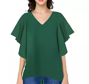 Blusa informal clásica verde fluida con cuello en V manga corta de gasa para mujer talla S NUEVA - Imagen 1 de 5
