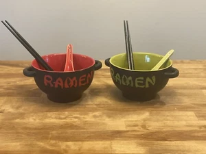 New 2 World Market Japanese Ceramic Ramen Bowl Noodle Bowls W/ Spoon & Chop Stix - Picture 1 of 5