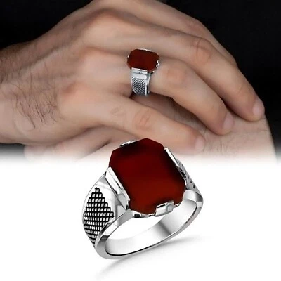 Red Agate Men Ring 925 Sterling Silver Jewelry Handmade Design All Sizes - Image 1 of 4