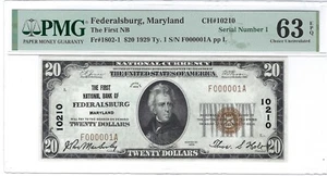 Serial #1 1929 Ty. 1 MARYLAND First National Bank of Federalsburg MD $20 63 EPQ - Picture 1 of 5