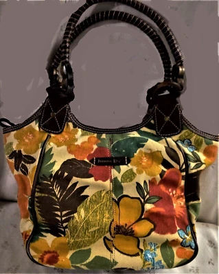 Nuevo con etiquetas Bolso de Mano Jamaica Bay-Rojo Amarillo Flores Tropicales-Marrón Correas Trenzadas-18.75"T Foto 1 de 4