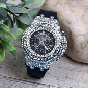 Montres Carlo Men's Hip Hop Rapper Luxury Stones Dress Wrist Watch Silver Finish - Picture 1 of 11