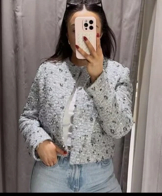 ZARA ZW COLLECTION SEQUIN JACKET SILVER NEW SS24 SIZE S - Image 1 of 4
