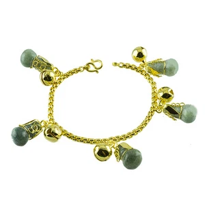 1 GOLD PLATED BRACELET HANGING 5 PCS JADE STONES CALABASH 7 INCH 24K YELLOW GOLD - Picture 1 of 2