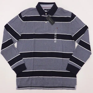 $70 Tommy Hilfiger Men's M Stripe Polo Rugby Shirt Navy Blue Gray Collared - Picture 1 of 8