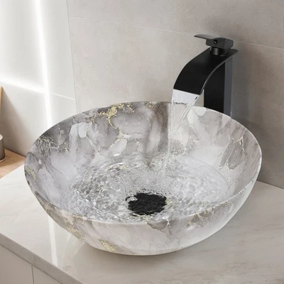 Fregadero de lavabo de baño redondo de mármol de 16" de cerámica con combinaciones de grifo negro Foto 1 de 4