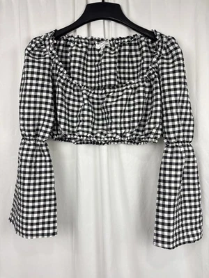 Top de guinga recortado Topshop para mujer 6 manga campana a cuadros elástico Cottagecore Y2K Foto 1 de 4