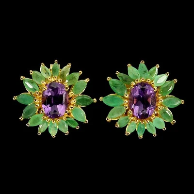 Ювелирные изделия серьги серебро 925 пробы овальный аметист 8x6 мм изумруд драгоценный камень - Изображение 1 из 4