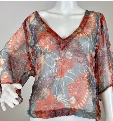 Blusa de gasa de seda con estampado floral y abanicos japoneses diésel vintage de los años 90 Y2K talla XS Foto 1 de 4