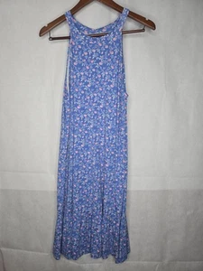 LOFT Shift Dress Blue Floral Raspberry Sleeveless Halter Knee Length Cottagecore - Picture 1 of 19