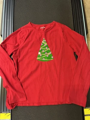 Top de árbol de Navidad Lands' End Girls rojo manga larga lentejuelas abatibles talla 14+ Foto 1 de 3
