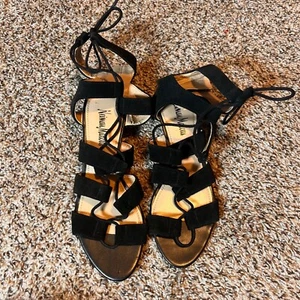 Neiman Marcus Lace Up Heels Gladiator Sandals Black Suede Heels 7.5 - Picture 1 of 4