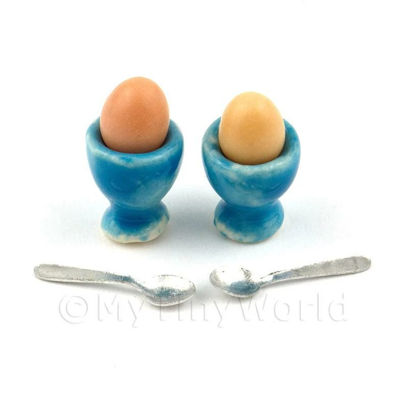 2 Dolls House Miniature Eggs in Blue Ceramic Egg Cups With Spoons  - Image 1 of 1
