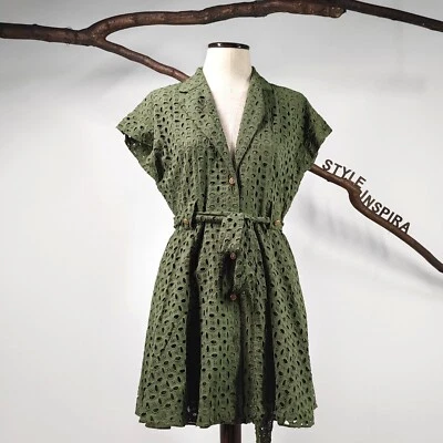 ZARA 💚 KLEID MINIKLEID HEMDBLUSENKLEID BESTICKT LOCHSTICKEREI BAUMWOLLE GÜRTEL  - Bild 1 von 4