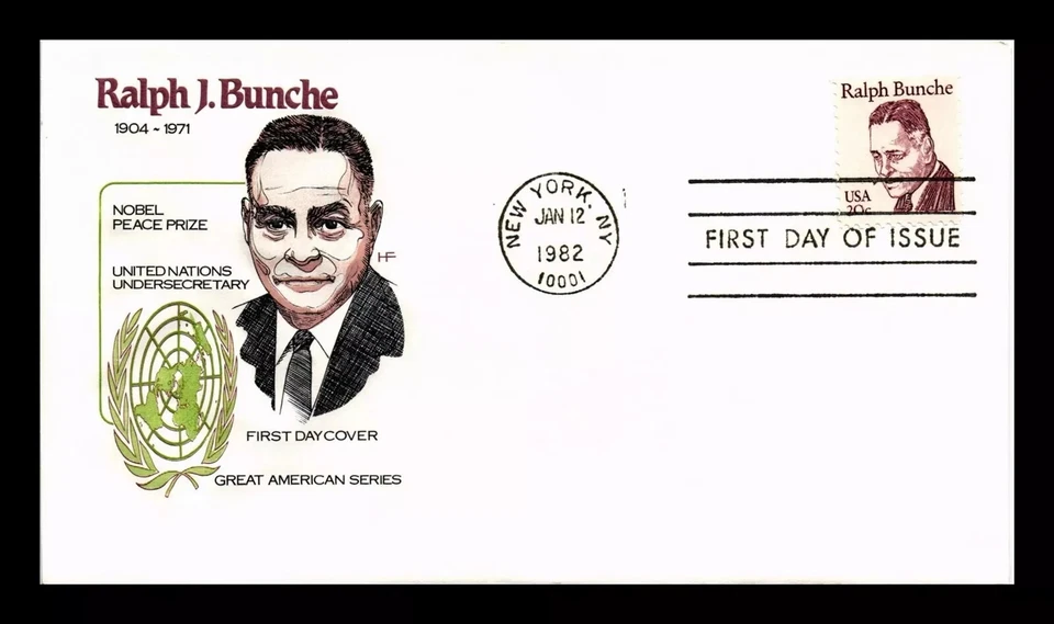 RALPH BUNCHE NOBEL PEACE PRIZE BLACK HERITAGE 1982  FARNAM CACHET FDC UNADDR - Image 1 of 1