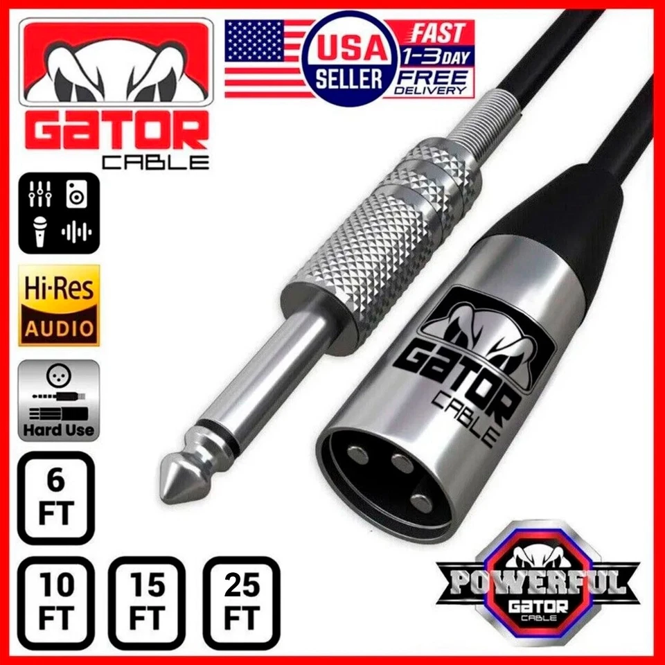 XLR 3-Pin Male to 1/4” TS Mono Cable Unbalanced Shielded Mic Audio Cord Stereo - Image 1 of 4