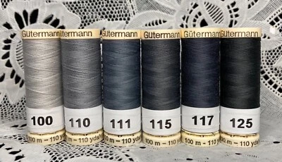 6 different Gray colors GUTERMANN 100% polyester sew-all thread 110 yard spools - Image 1 of 4