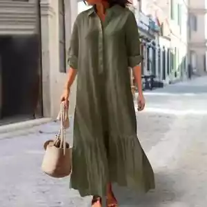 Womens Cotton Linen Dresses Plus Size Loose Long Sleeve Sundress Summer Casual - Picture 1 of 31