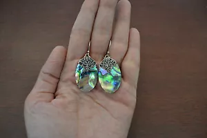 925 STERLING SILVER BLUE GREEN ABALONE SHELL EARRRINGS A - Picture 1 of 2