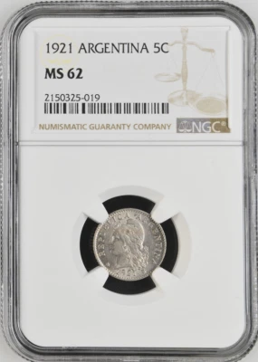 :1921 5-CENTAVOS ARGENTINA GORRA LIBERTY HEAD NGC MS62 RAREZA R10 1/0 TOP POP Foto 1 de 2