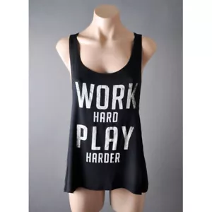 T-shirt canotta nera estiva donna lavoro duro e gioco duro casual grafica S - Foto 1 di 4