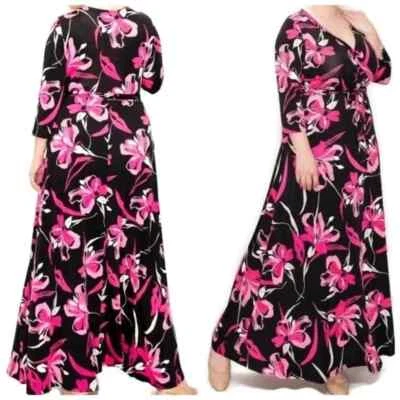 Maxi Vestido Janette Moda Rosa Cinta Imitación Envoltura Talla Plussa Foto 1 de 4