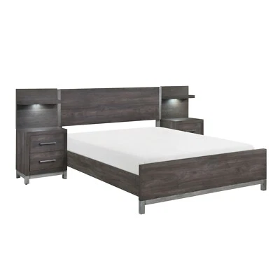 MODERNAS MESITAS DE NOCHE CAMA KING GRIS MARRÓN IMITACIÓN MADERA CON PANELES MUEBLES DE DORMITORIO Foto 1 de 4