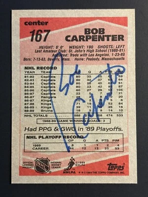 BOB CARPENTER BOSTON BRUINS 1989 TOPPS #167 AUTOGRAPHED HOCKEY CARD - Image 1 of 2
